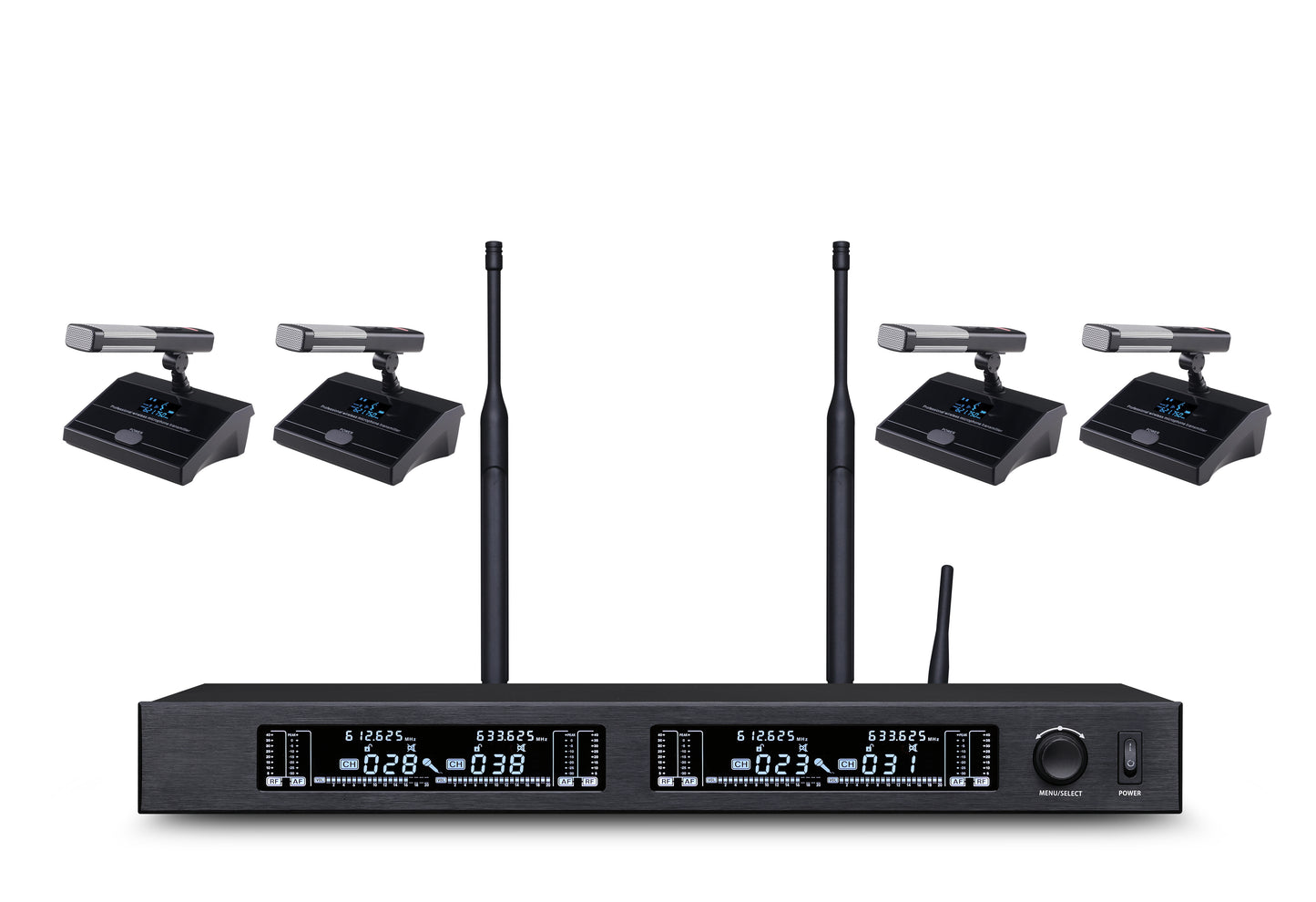 All-auto Smart Wireless Microphone System A500 Covering a range of 300 meter / 980 ft One Receiver+ 4 Mics Optional Stacking up to 5 sets w/ 20mics