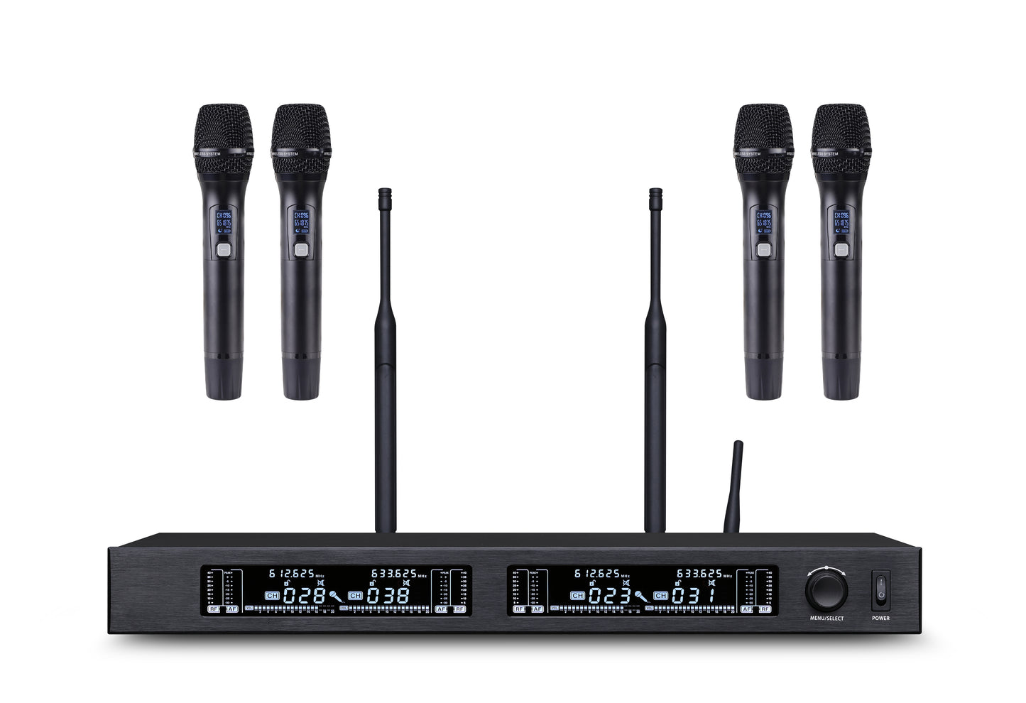 All-auto Smart Wireless Microphone System A500 Covering a range of 300 meter / 980 ft One Receiver+ 4 Mics Optional Stacking up to 5 sets w/ 20mics