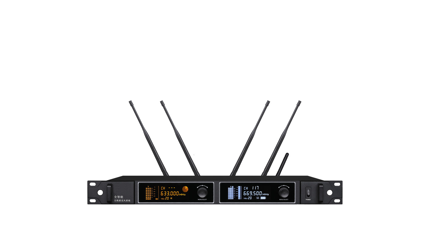 All-auto Smart Wireless Microphone System A600 Covering a range of 500 meter /1640 ft One Receiver+ two Mics Optional Stacking up to 8 sets w/ 16mics
