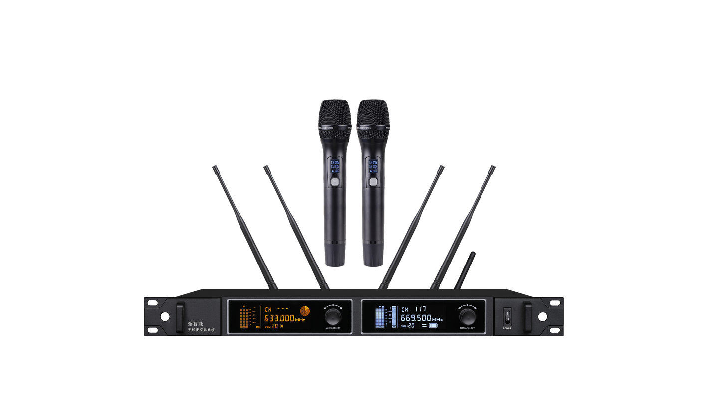 All-auto Smart Wireless Microphone System A600 Covering a range of 500 meter /1640 ft One Receiver+ two Mics Optional Stacking up to 8 sets w/ 16mics