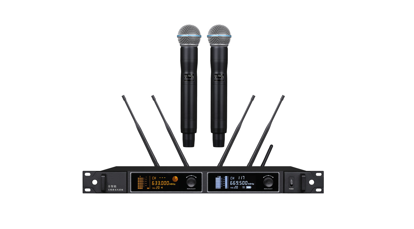 All-auto Smart Wireless Microphone System A600 Covering a range of 500 meter /1640 ft One Receiver+ two Mics Optional Stacking up to 8 sets w/ 16mics