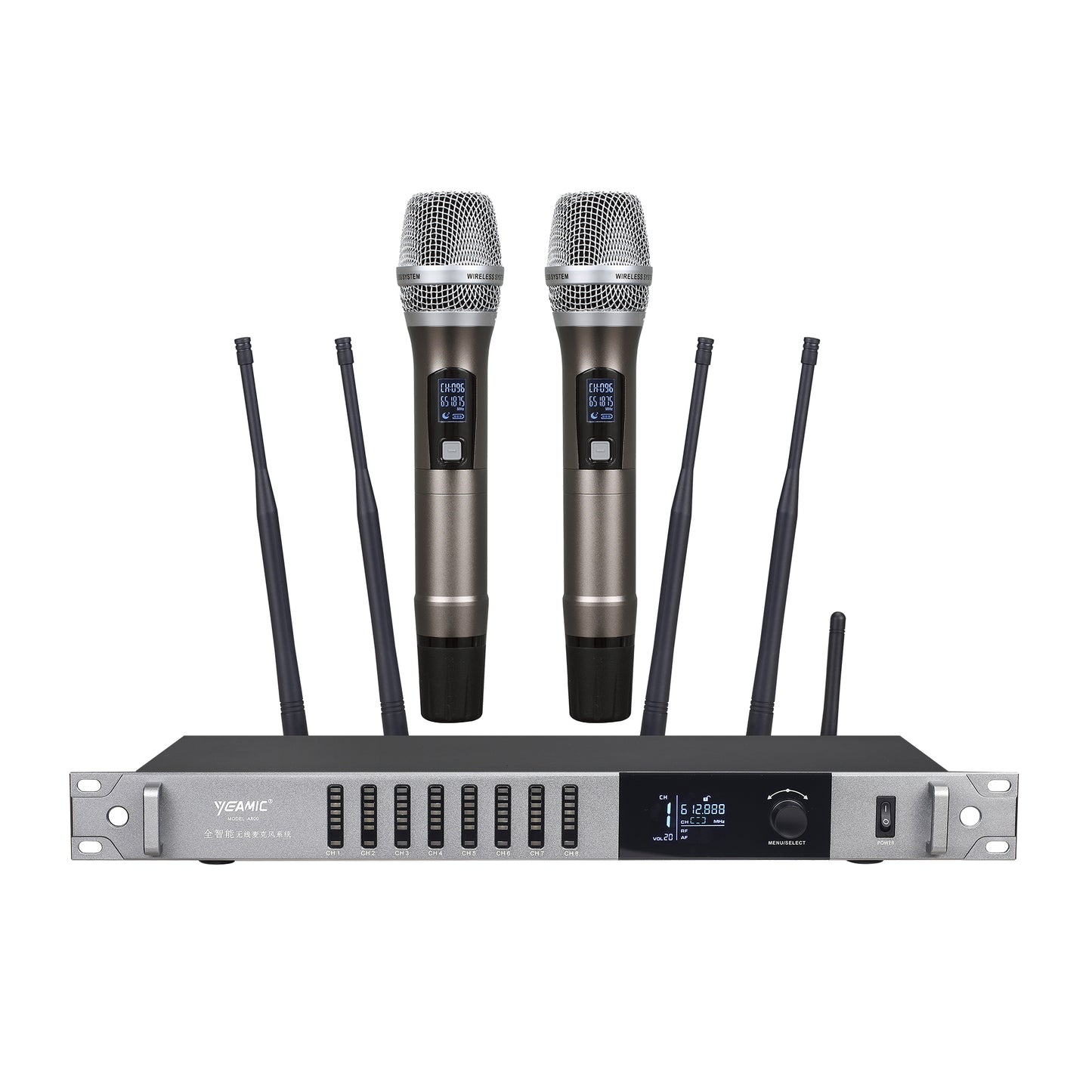 All-auto Smart Wireless Microphone System A800 Covering a range of 300 meter / 980 ft One Receiver+ 8 Mics Optional Stacking up to 3 sets w/ 24mics